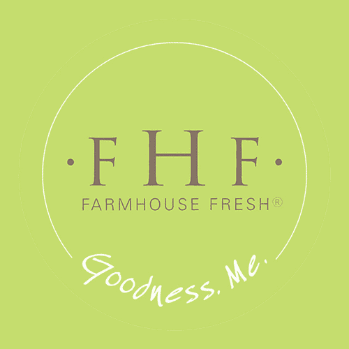 Farmhouse Fresh logo with the tagline "Goodness. Me." on a light green background.
