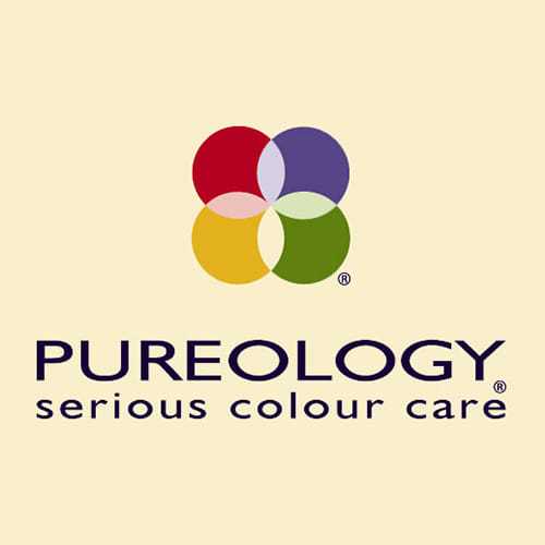 Pureology logo with colorful overlapping circles and tagline "serious colour care" on a cream background.